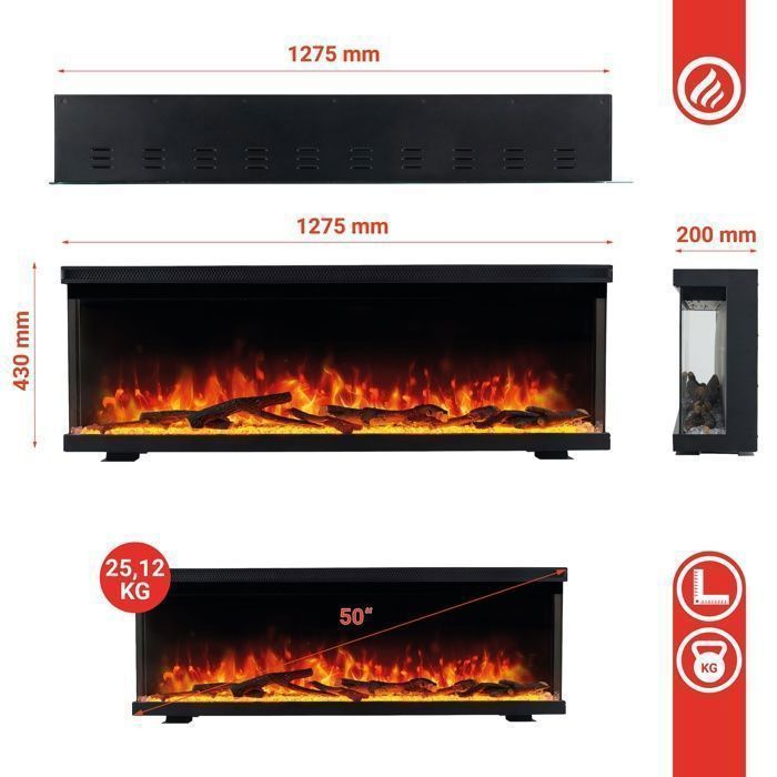 Electric Fireplace - KAMINIO - LEA - 3-in-1 - Panoramic View - Remote Control - 1800W