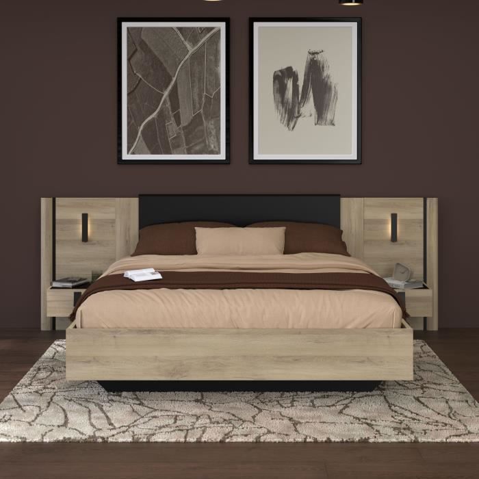 Lit double adulte avec 2 chevets - KIERAN - 160 x 200 cm - Décor Chêne / Noir - PARISOT
