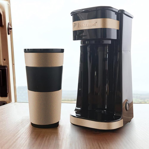 Compact coffee machine with thermal mug, beige