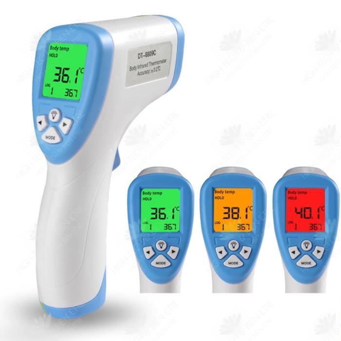 Termómetro electrónico multifunción sin contacto HTBE® con retroiluminación tricolor y función de recordatorio para la medición de la temperatura en la frente.
