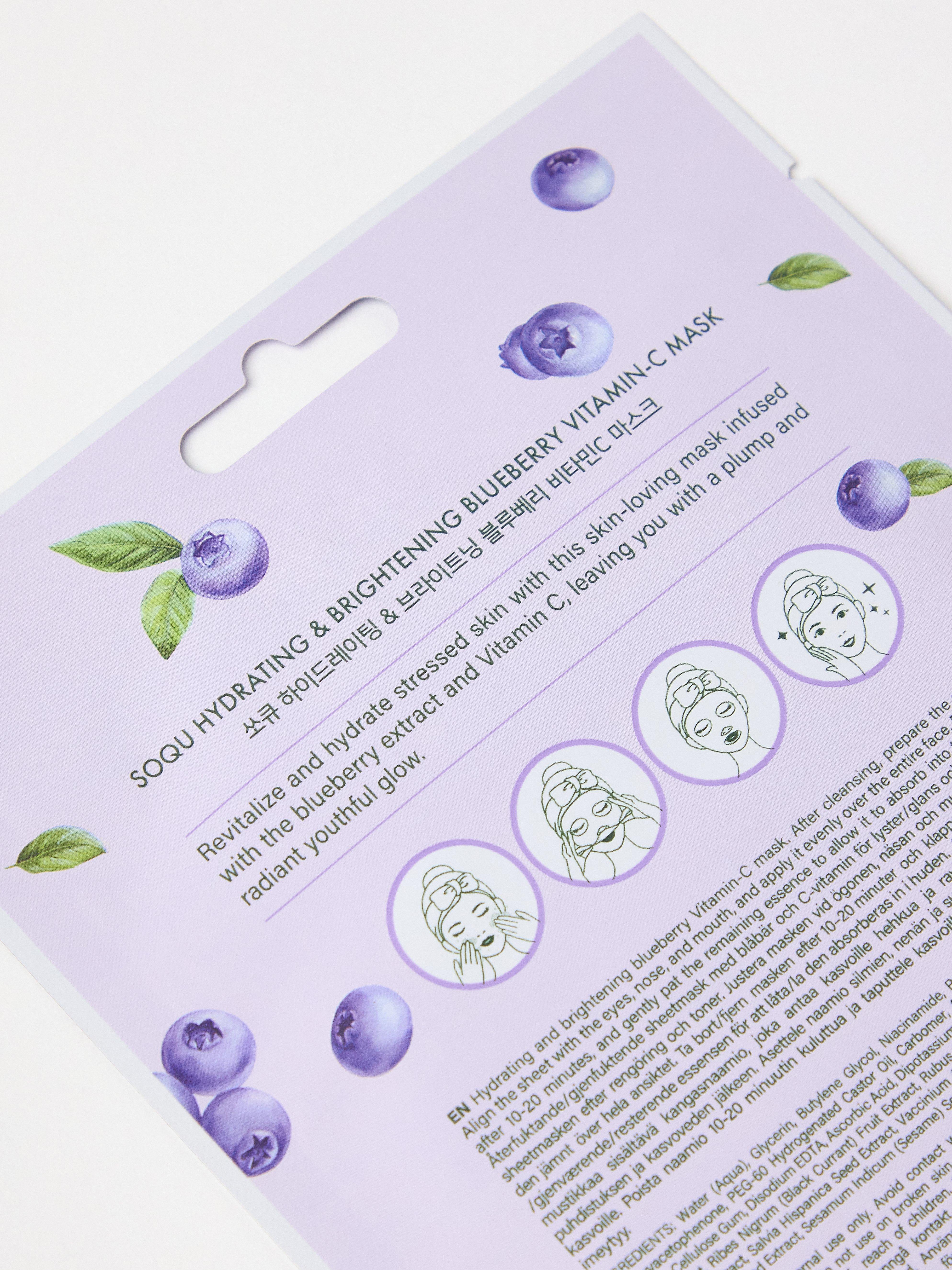 Máscara facial em tecido SOQU com mirtilo e vitamina C (sem cor).