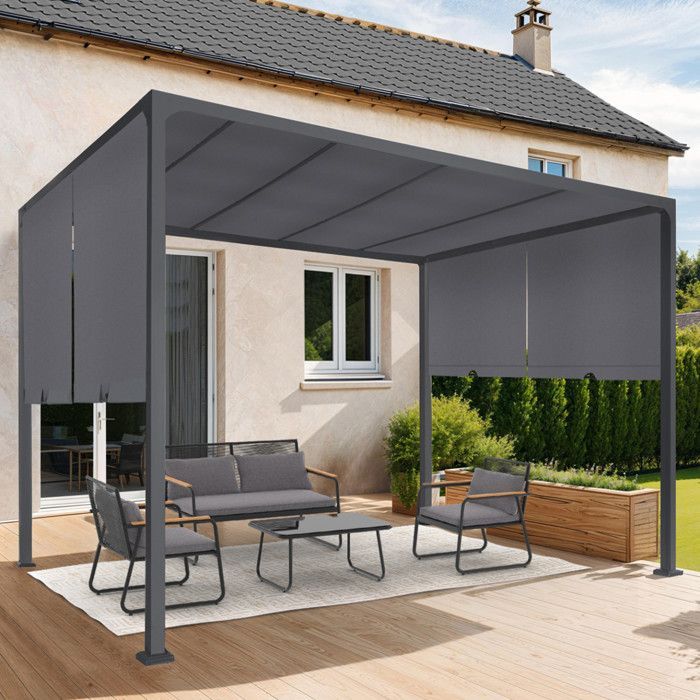 Pérgola corredera IDMARKET de 2 lados, 3x3 m, cenador de jardín, lona gris antracita
