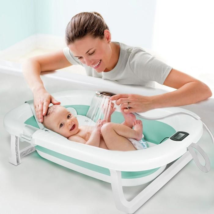 Foldable baby bathtub with bath pillow - MENGDA - With water thermometer, shower head socket - Non-slip - 76×45×18cm