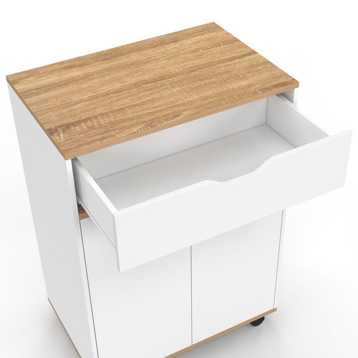 Carrito de cocina IDMARKET COSY con armario, cajón de madera blanca y estantes con efecto haya, 60 cm de ancho.
