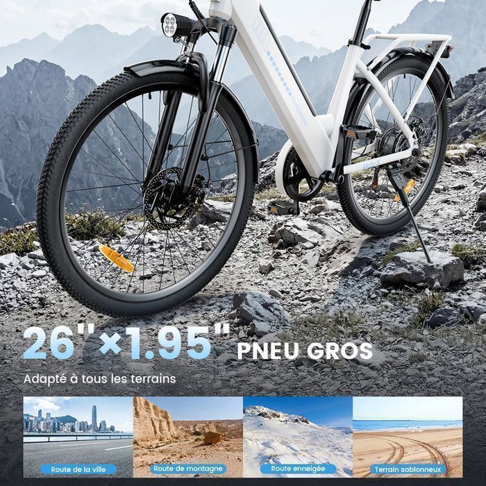 AGILERIDE Vélo Électrique Adulte VTT 26'', Moteur 350W, Batterie amovible 36V 13Ah, 7 Vitesses, Charge 120 kg, Autonomie 90KM, Blanc