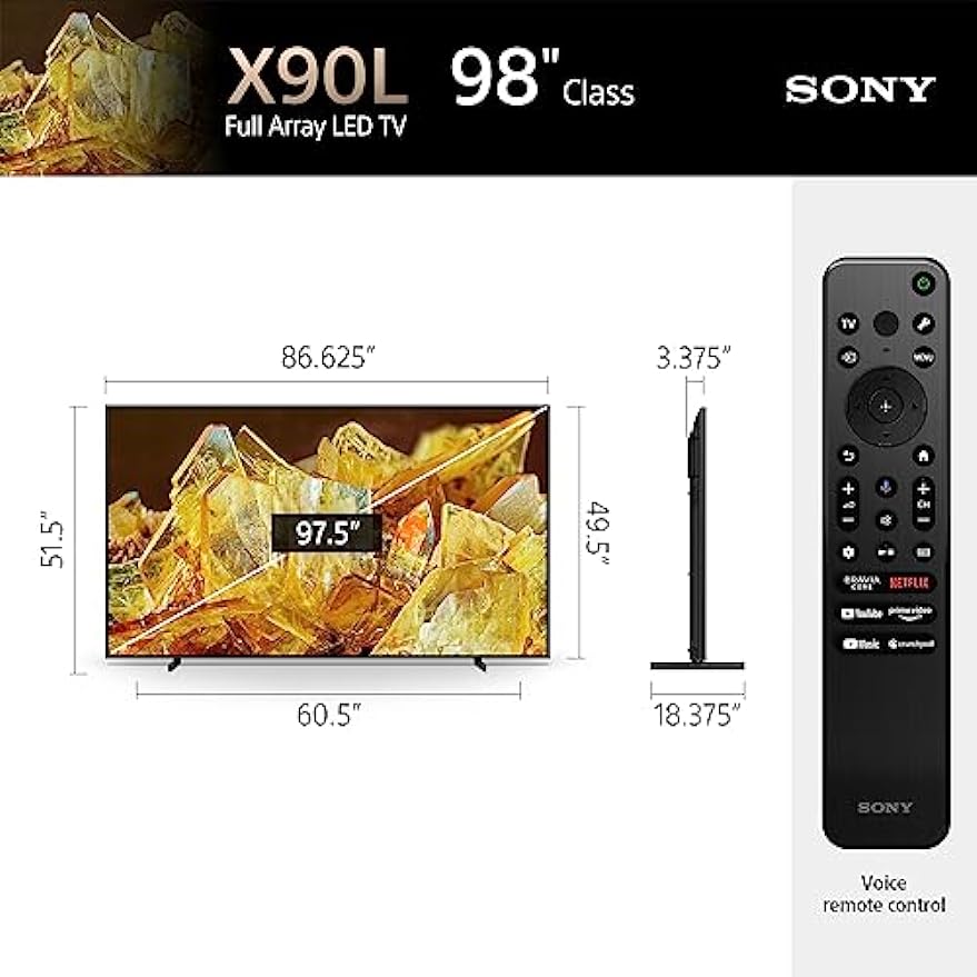 Sonyn 98-tuumainen 4K Ultra HD -televisio X90L-sarja: BRAVIA XR Full Array LED -älytelevisio Googlella, jossa on Dolby Vision HDR ja ainutlaatuisia ominaisuuksia PlayStation® 5:lle XR98X90L -malli (2023)