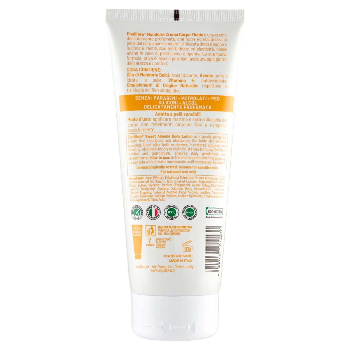 Equilibra bodycrème met amandelaroma 200 ml voedt de huid.
