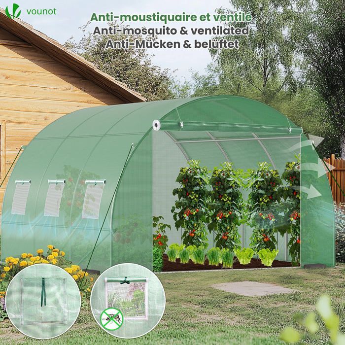 Serre de jardin tunnel - VOUNOT - 9m² Vert - Acier galvanisé - Fenêtre anti-moustiquaire, porte enroulable, barre anti-tempête