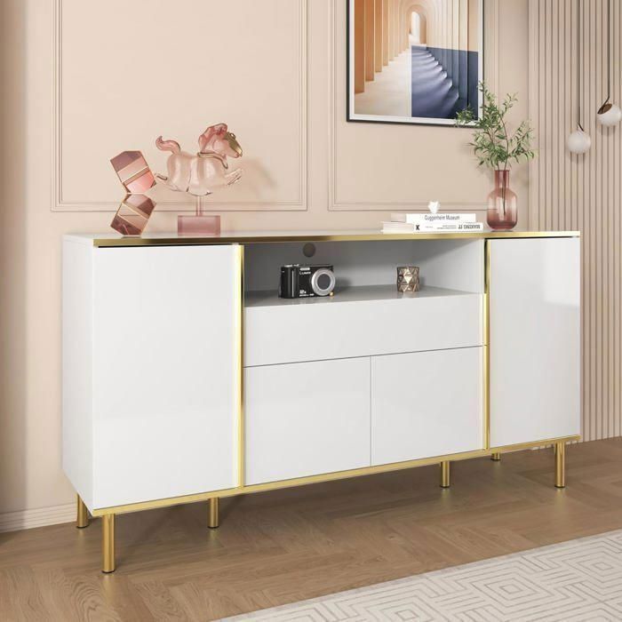 Lemonbest Buffet Salon 150cm Blanc Haute Brillance avec Lumière LED Compartiment Ouvert 4 Portes et 1 Tiroirs Commode 150x40x80cm