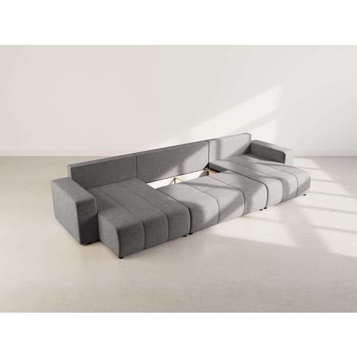 Nicole - Sofá cama panorámico en forma de U de 7 plazas con espacio de almacenamiento en tela - Gris