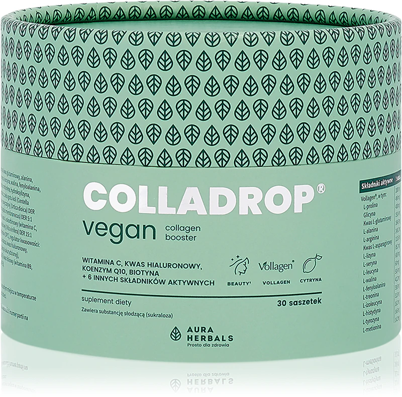 Aura Herbals Colladrop, suplemento alimentar vegano para estimular a produção de colágeno, promovendo cabelos, pele e unhas saudáveis.