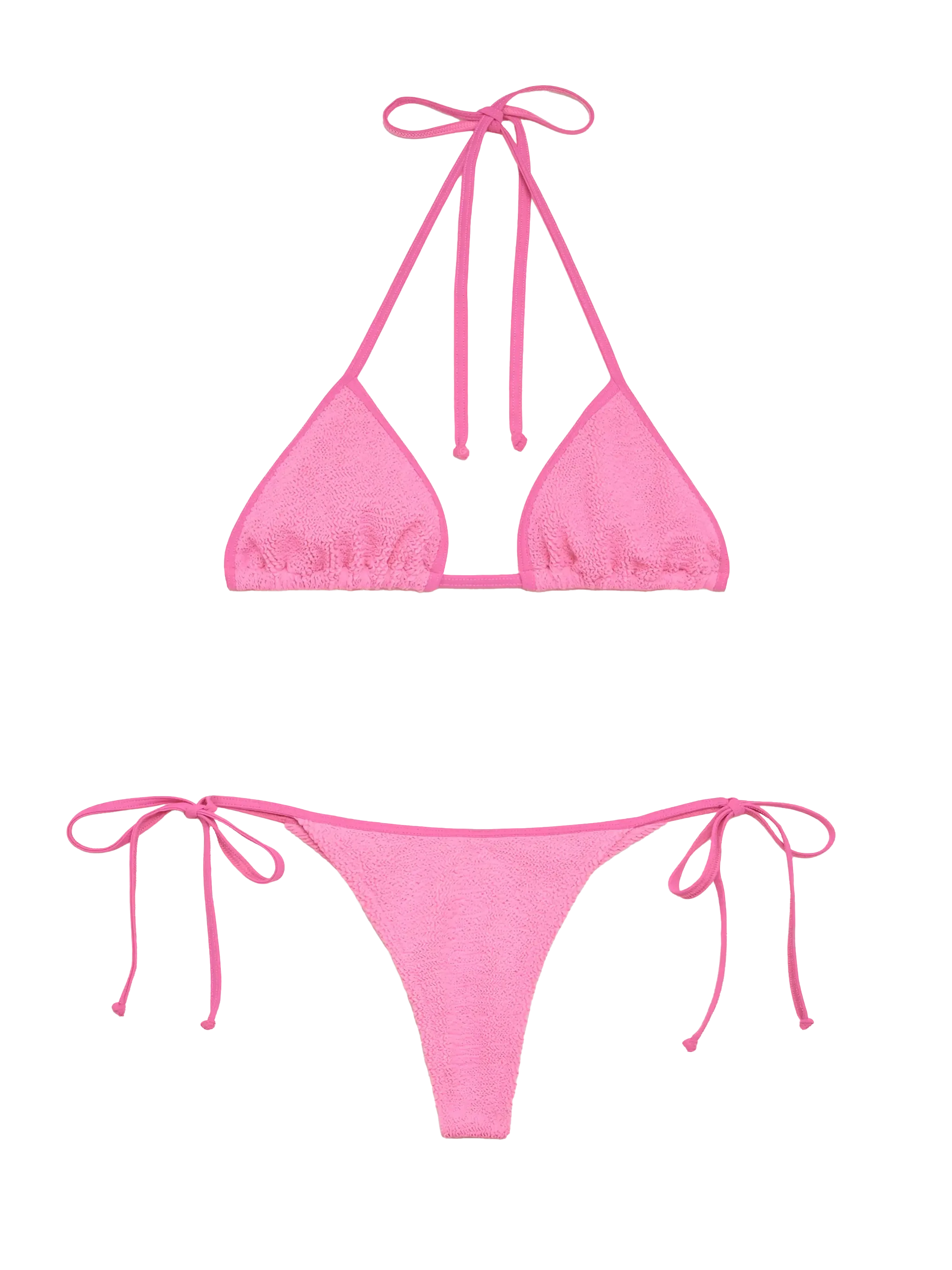 Leah Norah Klassieke driehoekige bikini in roze met kreukeleffect.