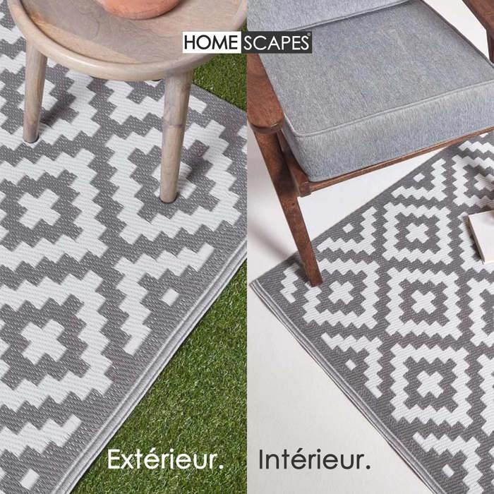 Tapis extérieur jardin imperméable, réversible et résistant UV - Zoe - 180 x 270 cm - Gris - Matériaux recyclés - Homescapes
