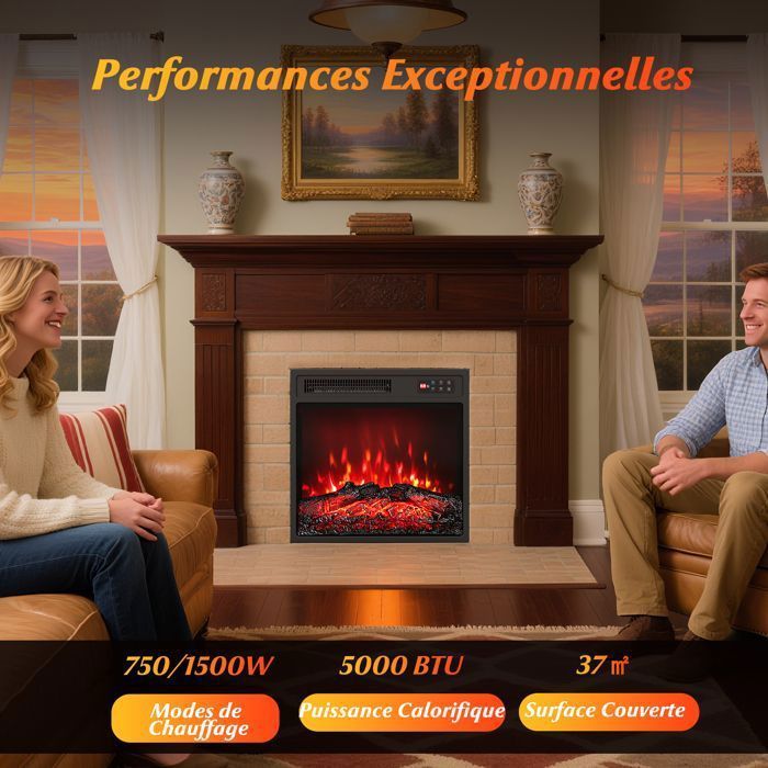 Cheminée Électrique Encastrable avec Chauffage - RELAX4LIFE - 750W/1500W - 37㎡ - 5 Luminosités - 5 Vitesses - Verrouillage Enfant