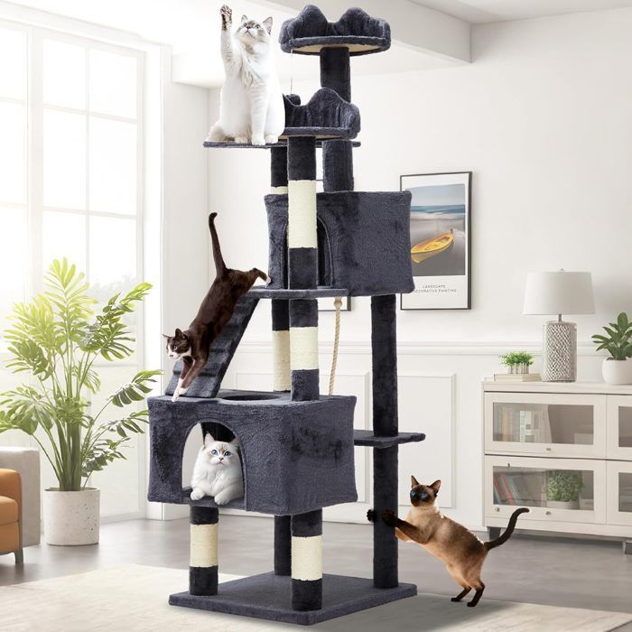 ÁRBOL PARA GATOS - JUGUETES S - 182 H - XL Torre para gatos multinivel - 2 casitas, 3 perchas, gris oscuro