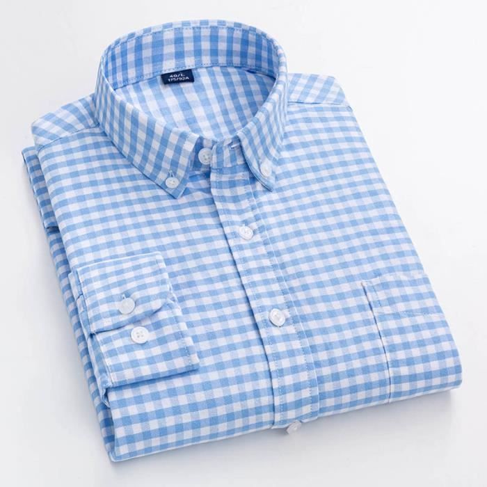 Camisa Oxford para hombre con estampado a cuadros, manga larga, cuello abotonado, camisa de verano en cómodo tejido de algodón - Azul claro