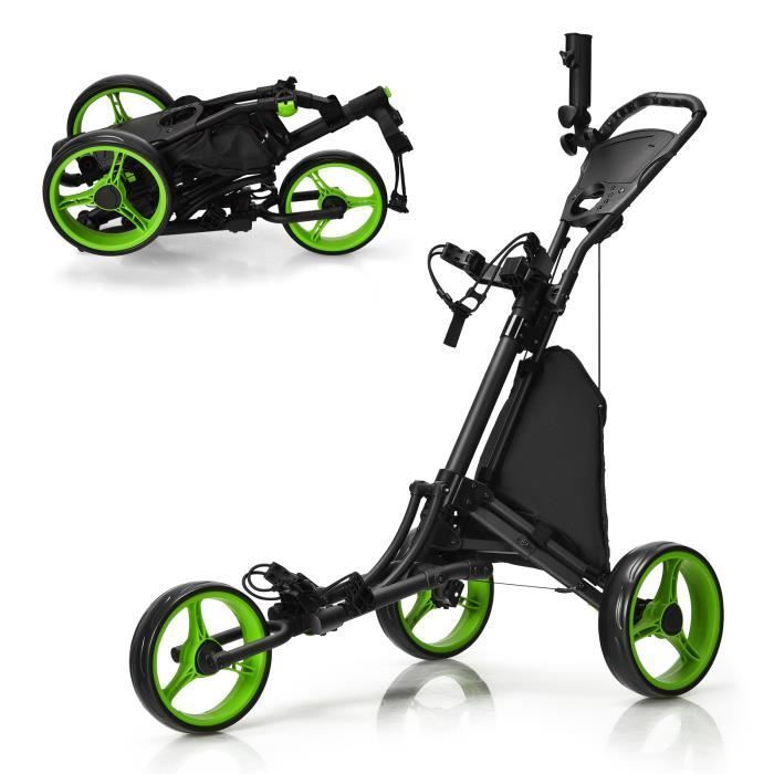 Carrito de golf plegable de 4 ruedas COSTWAY con correa elástica, soporte ajustable para paraguas y portavasos, bolsa con revestimiento de aluminio, color verde.