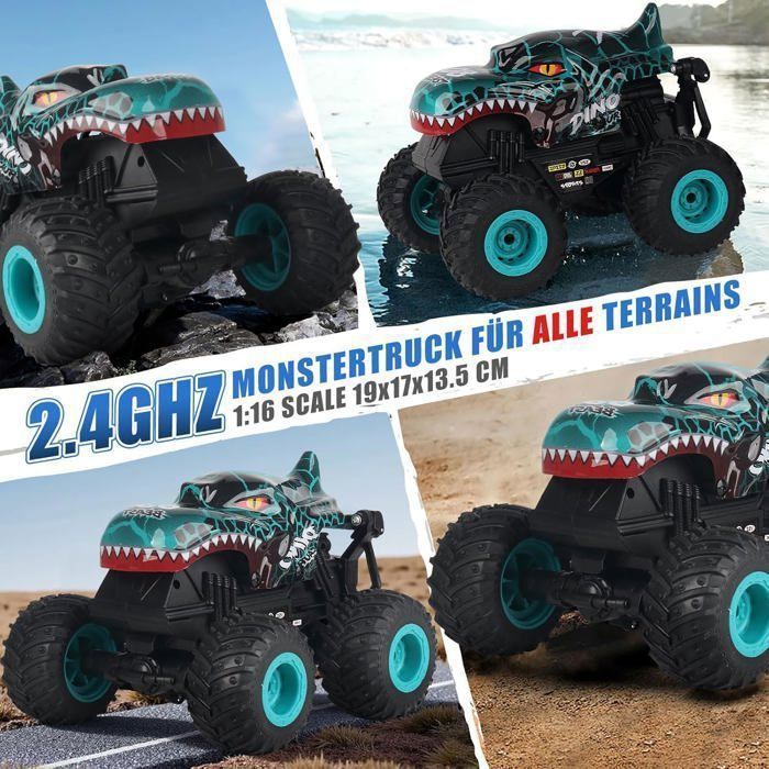 Voiture Télécommandée, Monster Truck, 1:20 RC Tout Terrain, avec LED Musique et 360°Rotation, Cadeau Enfant 4+ Ans, Bleu