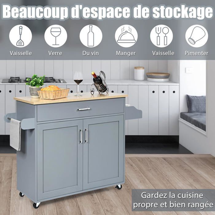 Carrito de cocina COSTWAY, isla de cocina rodante con amplio armario, cajón, especiero y toallero, color gris.
