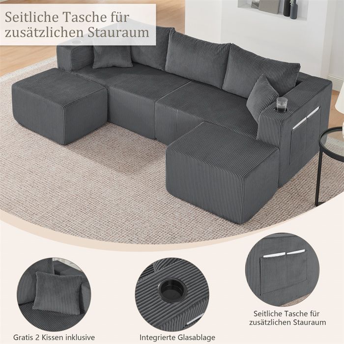 DRIPEX Modulares 3-Sitzer-Sofa, 230 cm lang, U-förmiges, zusammenklappbares Sofa mit verschiebbaren Hockern, Cordbezug, Getränkehalter, grau