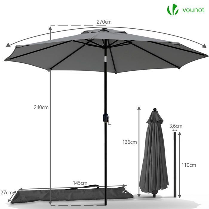 Sombrilla inclinable VOUNOT® Ø 2,7 x H 2,4 m Gris - Tejido resistente a los rayos UV e impermeable - Funda protectora