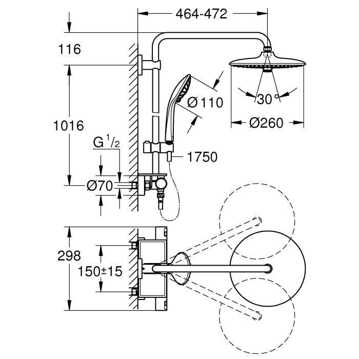 GROHE Colonne de douche robinet thermostatique Vitalio Joy 260, 50% d'économie d'eau et d'énergie, douchette 3 jets, 26403001