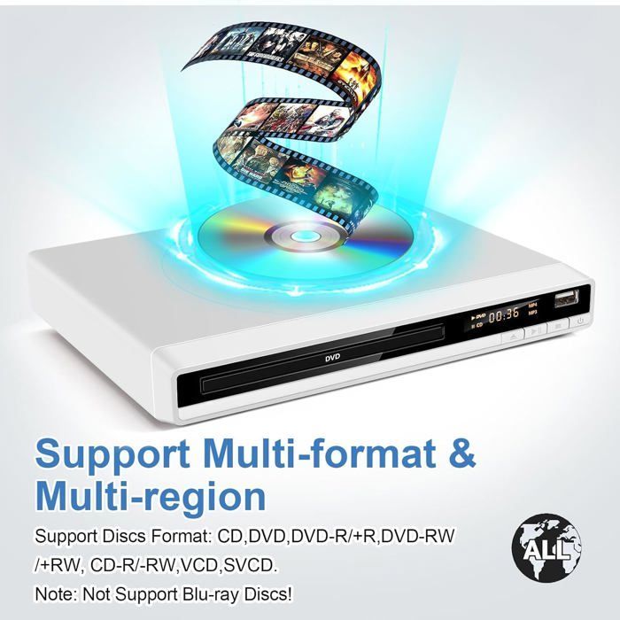 Lecteur DVD Blanc, Lecteur DVD HD Multi-Régions pour TV, Lecteur DVDs et CD pour Système Stéréo Domestique avec Entrée USB