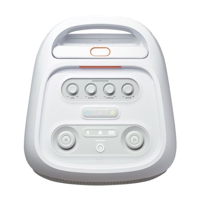 Altavoz portátil Bluetooth JBL PartyBox Stage 320 con ruedas, color blanco.