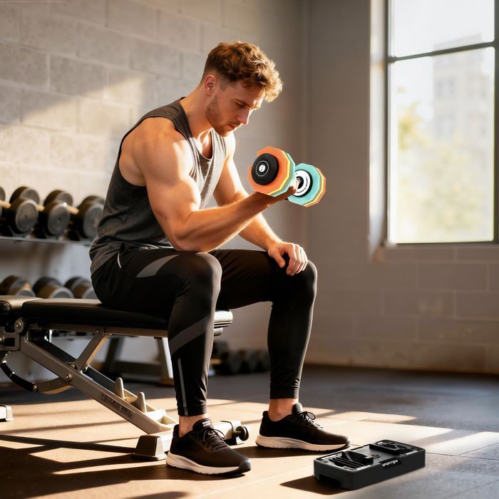 SPORTNOW Verstelbare Halter - 5-25 kg - met opbergvoet, 5 gewichtsniveaus, antislip handgreep, achthoekige gewichtsschijven