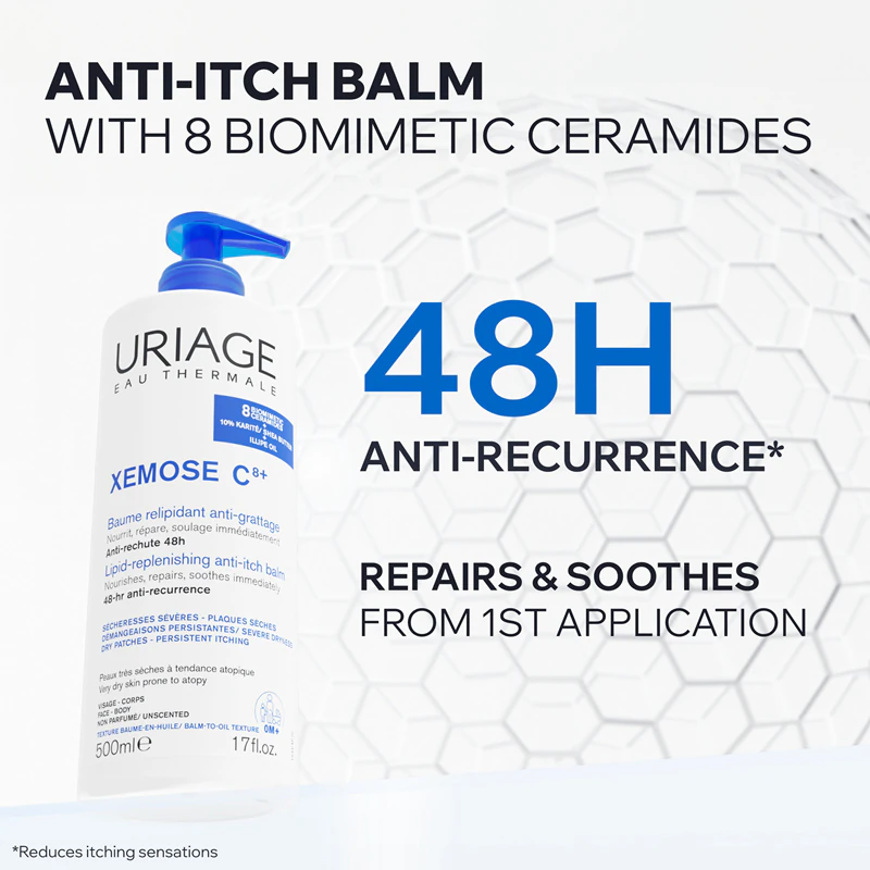 Bálsamo calmante anti-coceira Uriage Xemose C8+ Lipid-Replenishing para pele seca e atópica.