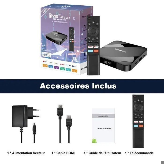 Android TV Box TV98 ATV, OUTUOTWQ Android 14 TV BOX Amlogic S905W2 Video 8K 4GB RAM 32GB ROM WiFi 2.4G/5G Compatibile con Netflix ecc.