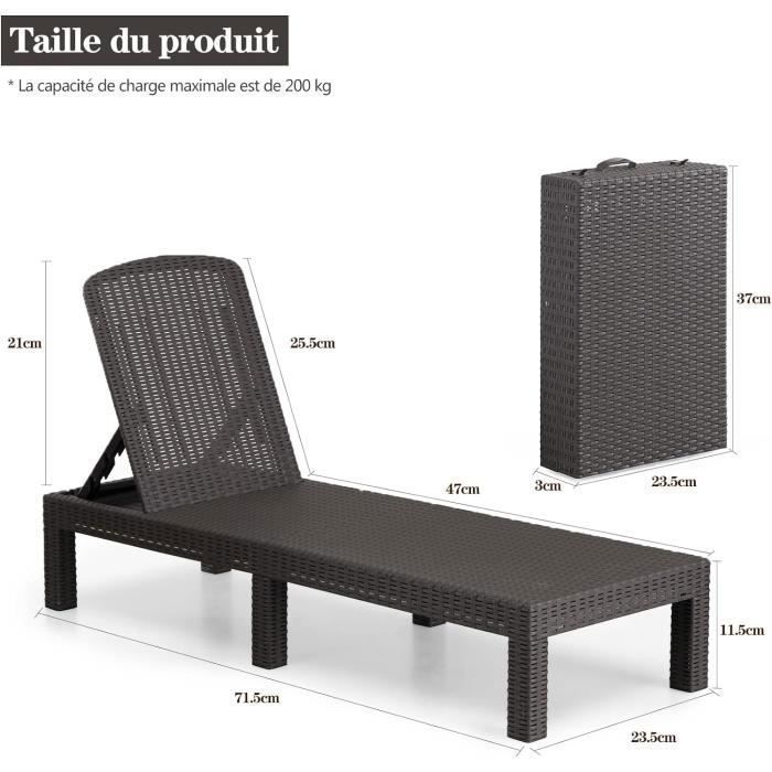 Bain de Soleil - Chaise Longue Jardin Exterieur - Résine Imitation rotin tressé - Dossier réglable