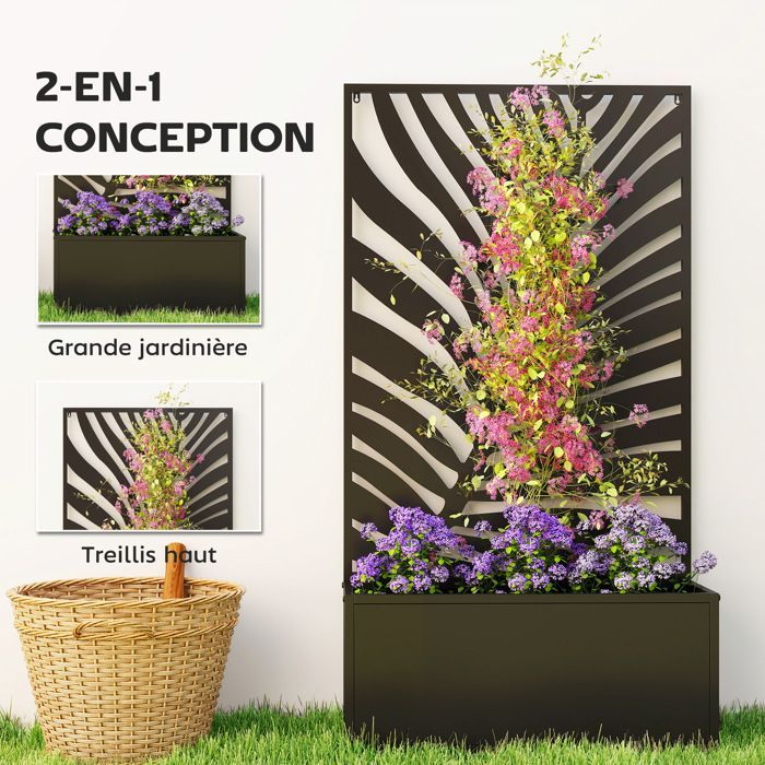 Macetero con enrejado - Outsunny - jardinera con pantalla metálica para mayor privacidad - para patio, jardín, balcón - 61 x 23 x 113 cm - negro