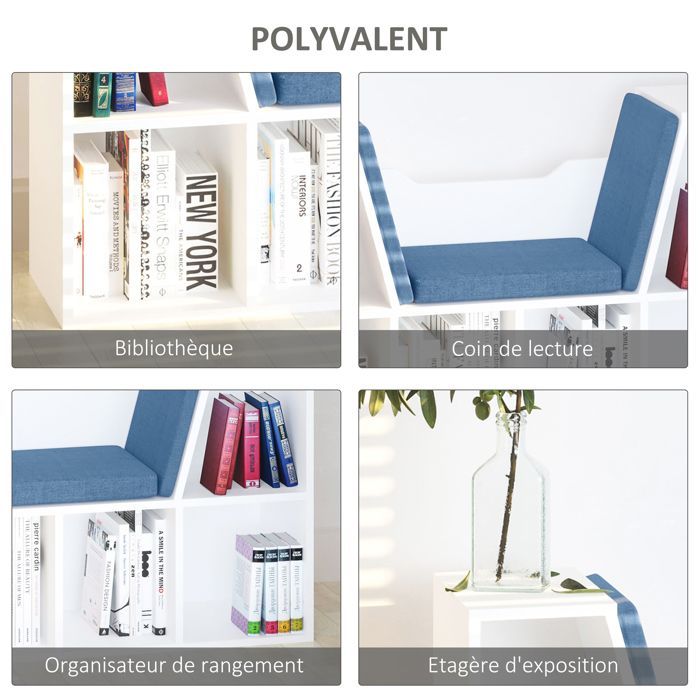 Banco-estantería 2 en 1 - HOMCOM - Estantería cúbica de 6 compartimentos, mueble de almacenamiento para salón - Madera - 102x30x61cm - Azul