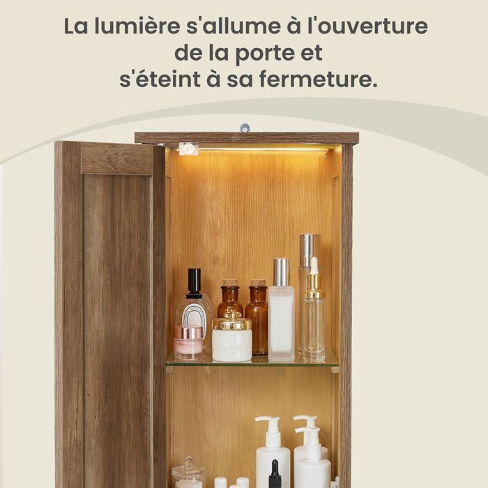 Bathroom Column, Adjustable Shelves, Modern Tall Cabinet for Small Spaces, Lighting, Brown