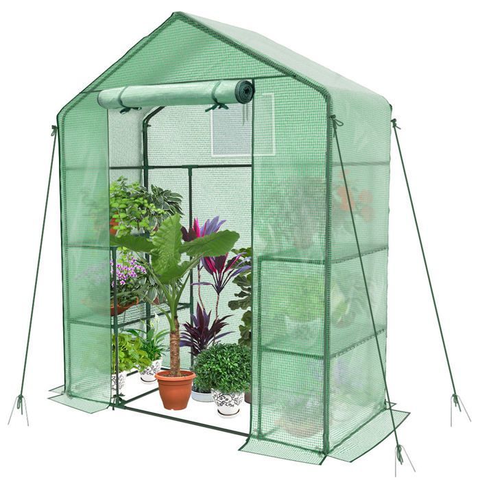 VOUNOT® Serre de jardin avec étagères 143x73x195cm vert - bâche renforcée 135g/m² - fenêtre moustiquaire - porte enroulable zippée