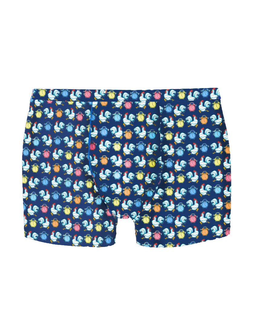 Onderbroek/boxershort met print van een mini-haantje en een wekker.