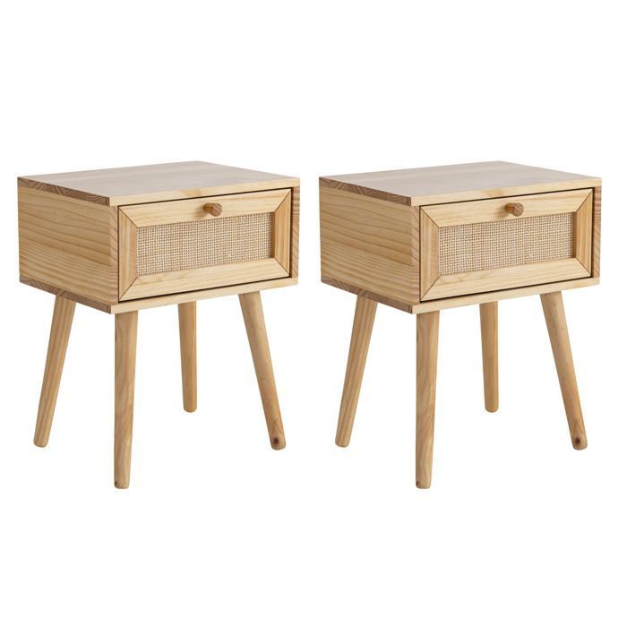 Complete bedroom set with cane bed, chest of drawers, and two natural wood bedside tables (140x190 cm) ANNA - Natural Wood - Terre de Nuit