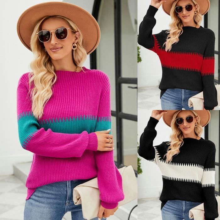 Pull en Tricot Femme INSFITY - Col mi-haute Bicolore - Manches Longues - Automne/Hiver