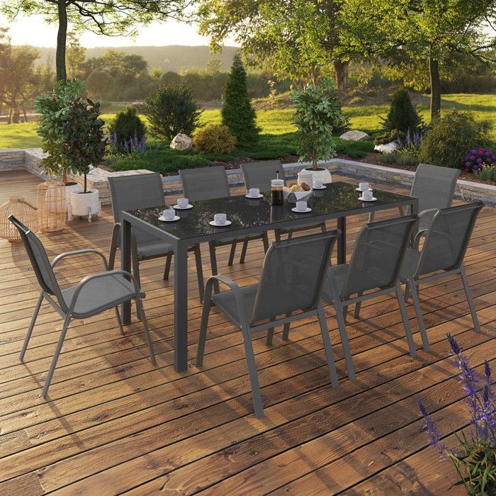 IDMARKET MADRID garden furniture set: 190cm table and 8 stackable chairs, anthracite grey