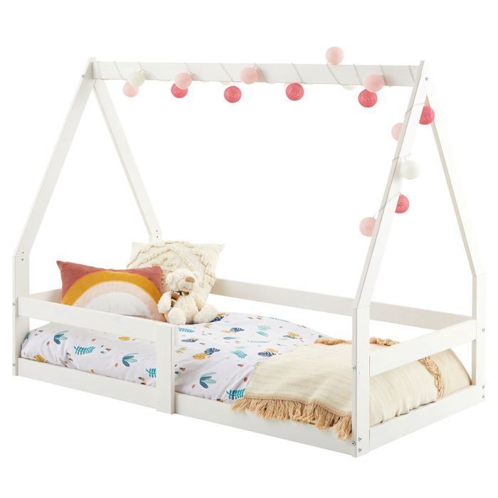 Cama tipo cabaña TAMI de 70x140 cm, cama individual para bebé o niño, estilo Montessori, en madera maciza de pino teñida de blanco.
