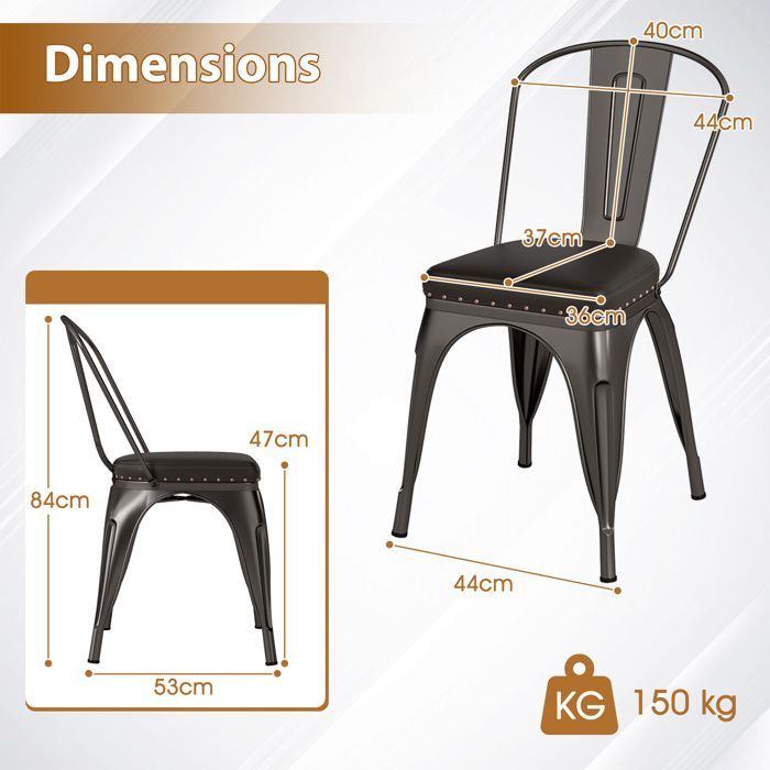 Lot 4 Chaises à Manger Empilables en Métal - COSTWAY - Dossier Amovible - Assise Rembourrée en Cuir Faux - 53 x 44 x 84 cm
