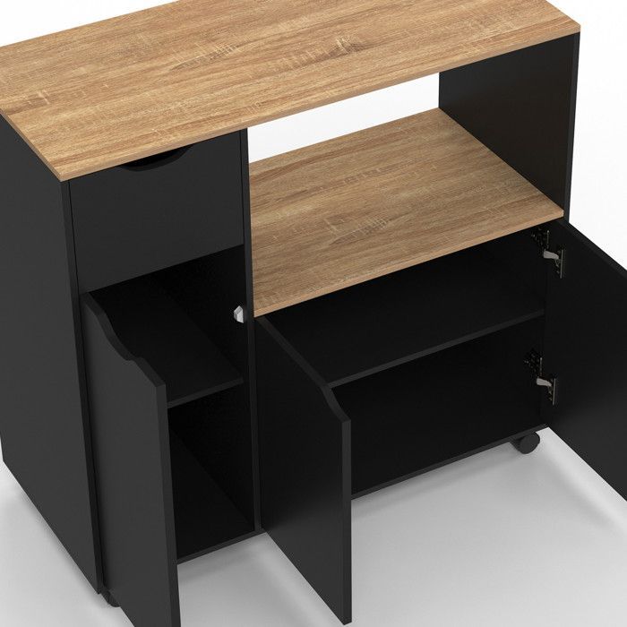 IDMARKET COSI XXL keukenwagen met magnetron, kastjes, zwarte houten lade en planken met beukenlook, 90 cm breed