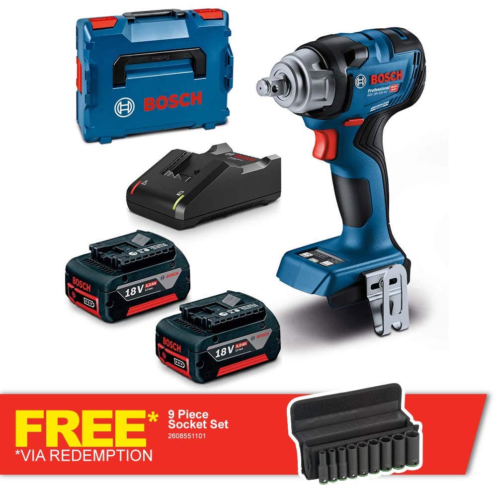 Conjunto de Chaves de Impacto sem Escova BOSCH 18V 2 x 5.0 Ah 1/2 polegada GDS 18 V-330 HC 06019L5041