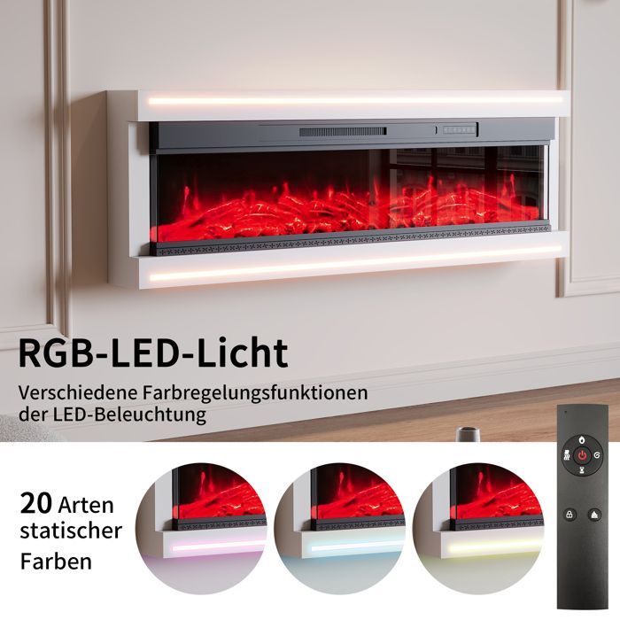Chimenea eléctrica mural Luminarix de 50 pulgadas - 750W/1500W - 12 llamas - Mando a distancia incluido