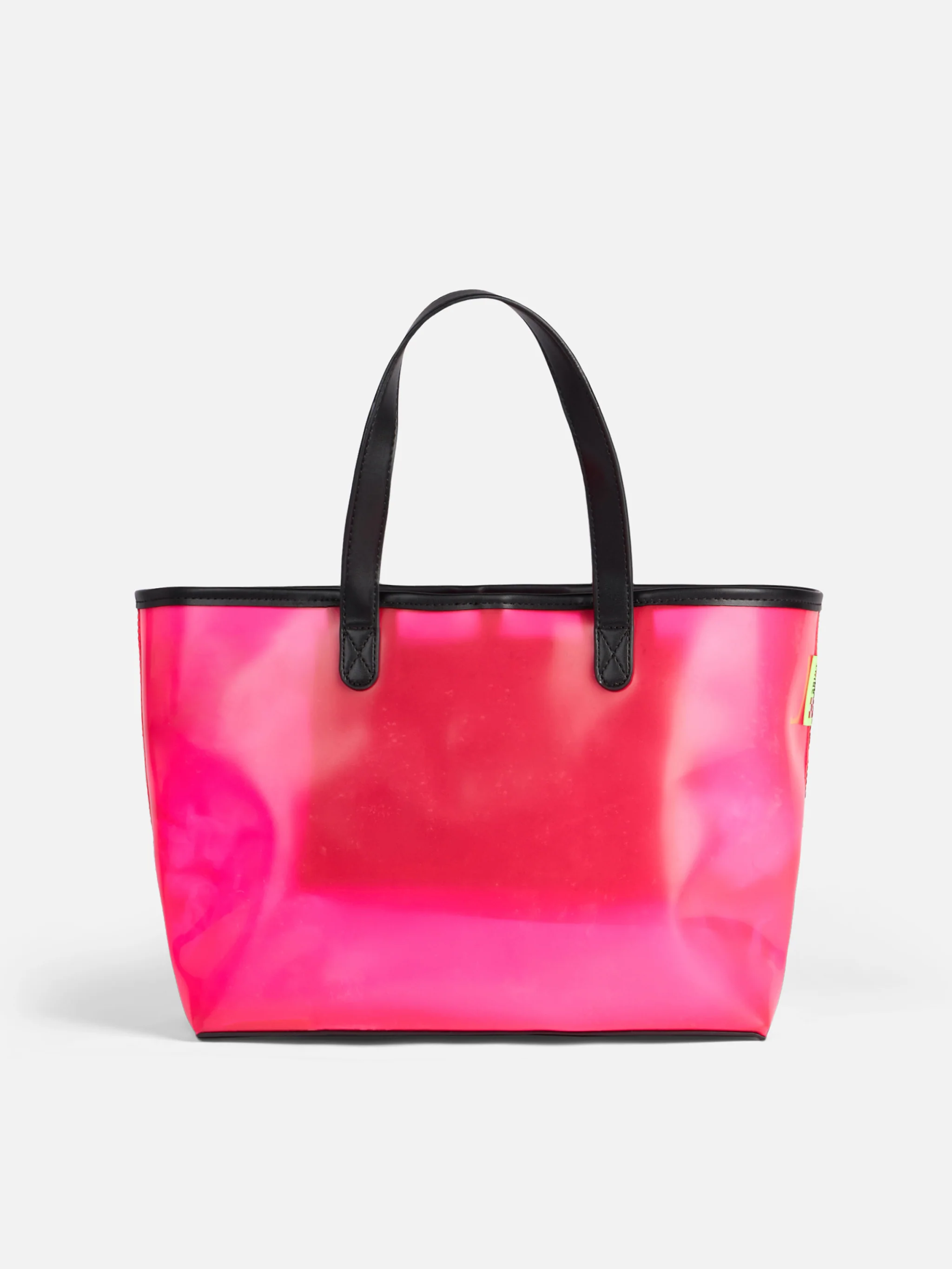 Roze transparante PVC strandtas met Summer Vibes-print.