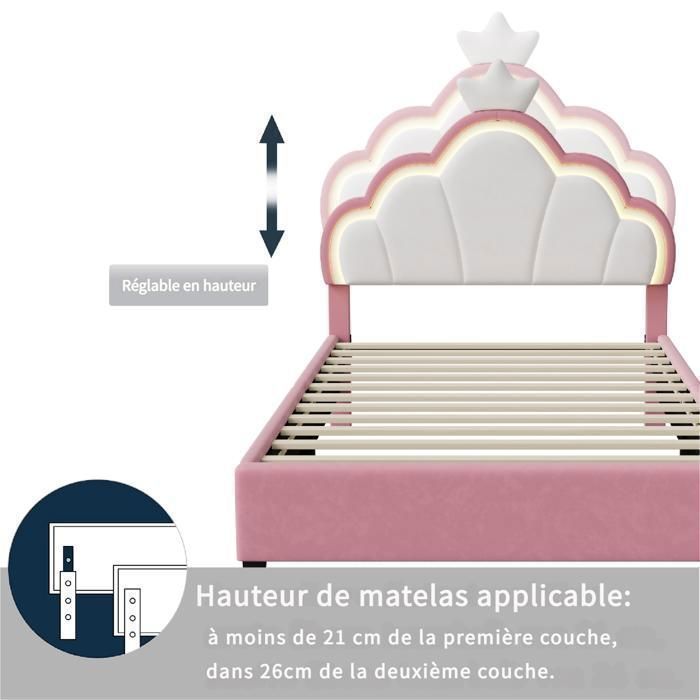 Cama infantil - EIFSON - Cama princesa - 90x200cm - LED - Flanela - Rosa