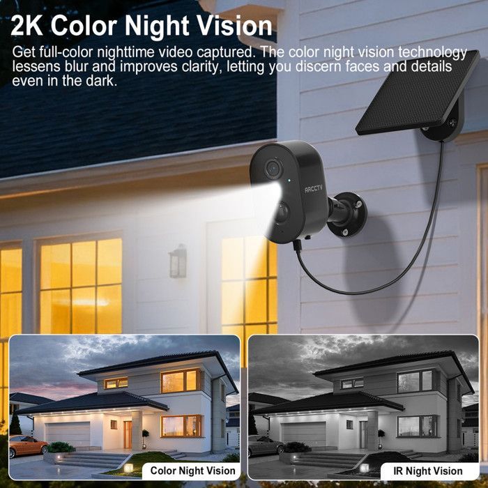 Telecamera di sorveglianza wireless con batteria ricaricabile, Wi-Fi a 2,4 GHz e 5 GHz, audio bidirezionale, visione notturna a colori, ARCCTV
