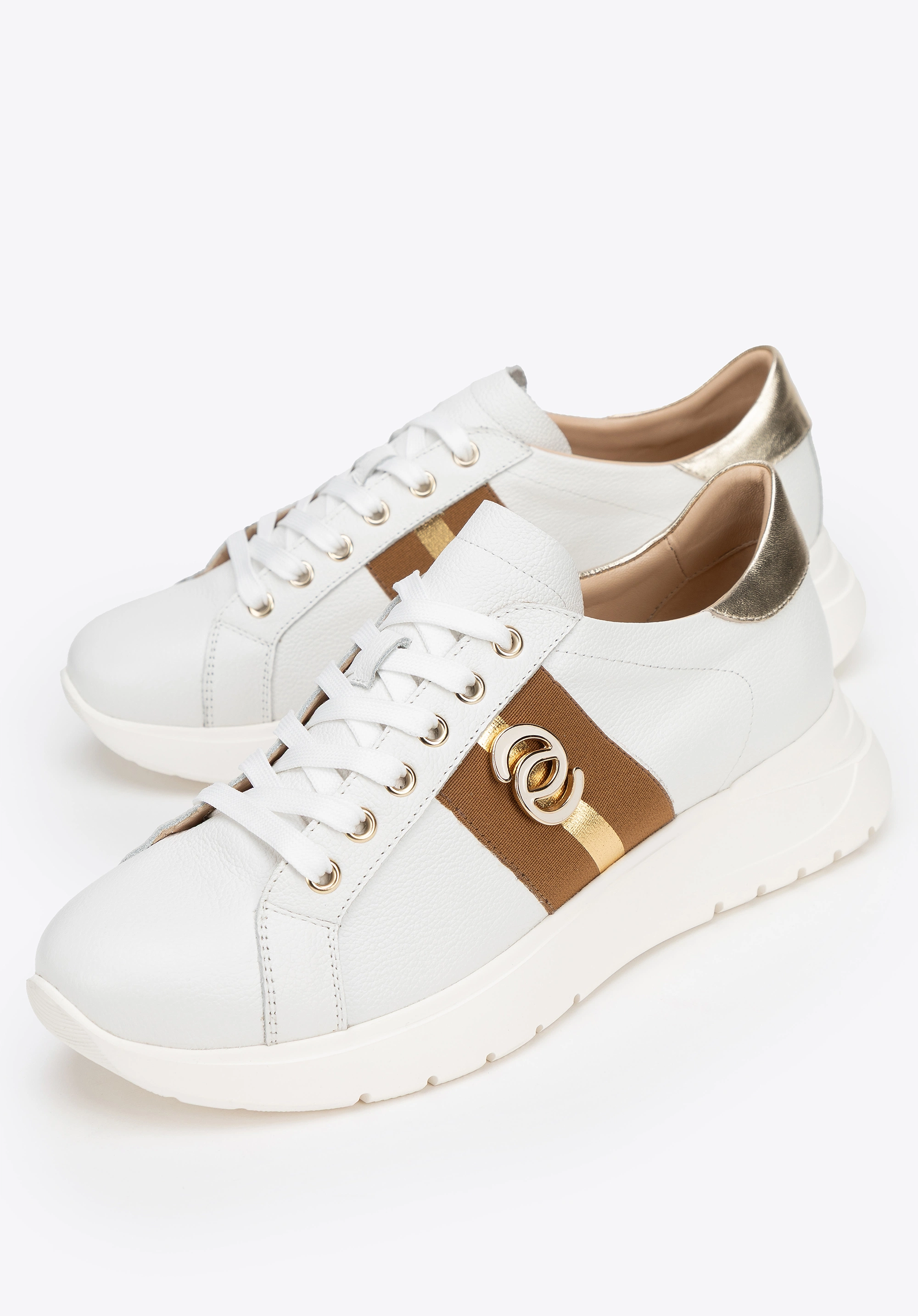 Damskie sneakersy z naturalnej skóry z metalowymi akcentami kremowo - złote