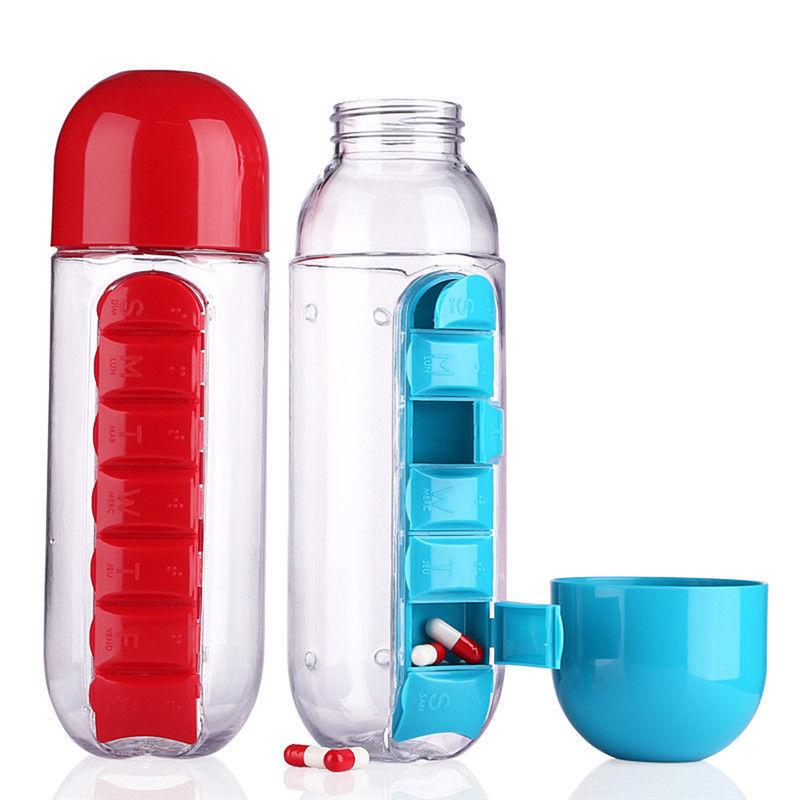 Bouteille d'eau multifonctionnelle de 600 ml en plastique pour le sport, avec compartiment pour pilules intégré, étanche et portable pour les activités de plein air.